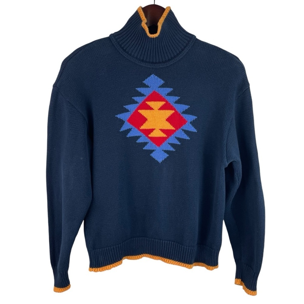 Liz & Co. Vintage |  Navy Gold Trim Aztec Mock Neck Sweater
